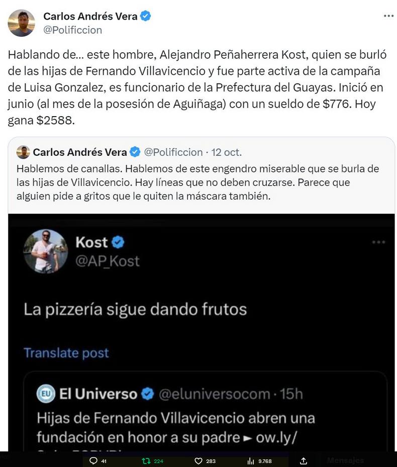 MÁS CORREISTAS BENEFICIARIOS DEL DINERO DEL PUEBLO. ES EL CASO DE ALEJANDRO PEÑAHERRERA KOST ASESOR DE CAMPAÑA DE LUISA GONZÁLEZ QUE GANA SUELDO DE LA PREFECTURA DEL GUAYAS (2.588 dólares mes), QUIEN SE BURLABA DE LAS HIJAS DE FERNANDO VILLAVICENCIO