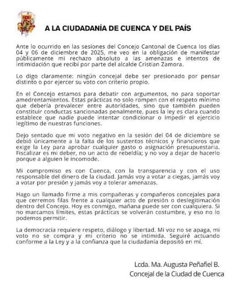 CONCEJAL MARIA AUGUSTA PEÑAFIEL HACE DENUNCIA EN CONTRA DEL ALCALDE DE CUENCA, POR INTIMIDADACION.-