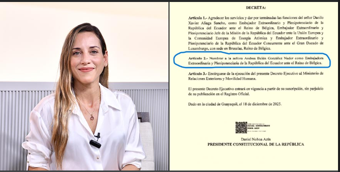 ANDREA GONZÁLEZ ES NOMBRADA EMBAJADORA DE ECUADOR EN BÉLGICA.-