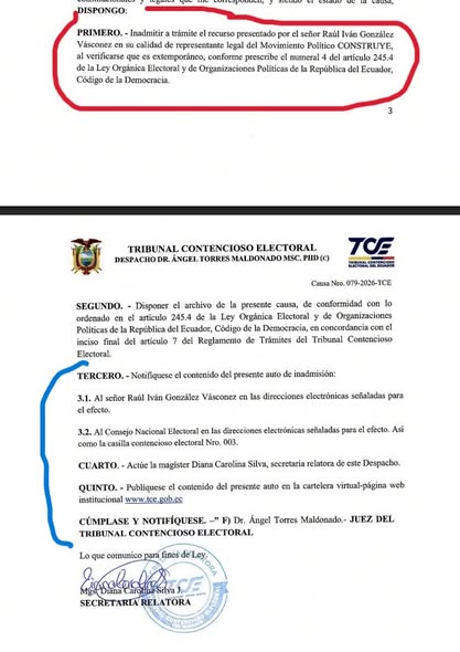 JUEZ DEL TCE, INADMITIÓ RECURSO AL MOVIMIENTO CONSTRUYE POR PRESENTAR FUERA DE PLAZO.-